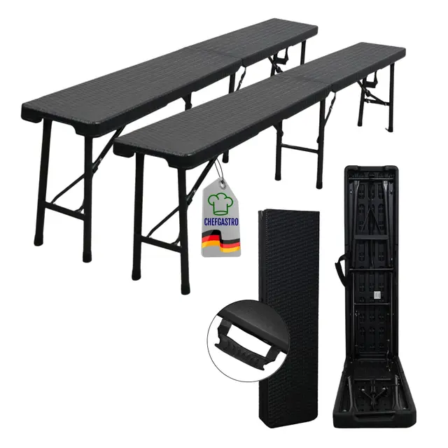 CHEFGASTRO 2er Set Bierbank klappbar Klappbank Outdoor wetterfest mit Tragegriff Campingbank faltbar 8 Personen Kunststoff Rattan Optik Schwarz Faltbank Sitzbank für Garten Terrasse und Balkon