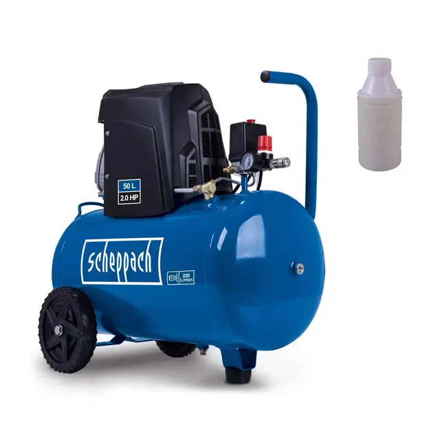 Scheppach Kompressor HC63 Druckluftkompressor ölgeschmiert mit 50L Kessel | 10bar Arbeitsdruck | 1500W Leistung | 220L/min Ansaugleistung | inkl. Fahrvorrichtung, Schnellkupplung & Transportgriff