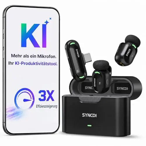 SYNCO SMICT KI Funkmikrofon für Android, Kabelloses Lavalier Mikrofon mit Echtzeit Übersetzung, AI App, Geräuschunterdrückung, USB-C, 2 Sender für Vlog, Streaming, Interview