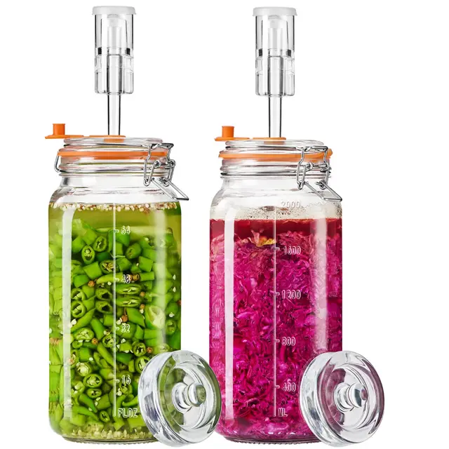 Fermentiergläser, je 2 L, Glas-Fermentierset mit Airlock und Gewichten für Sauerkraut, Kimchi, Pickles, Met, Cider & mehr, 2er-Set