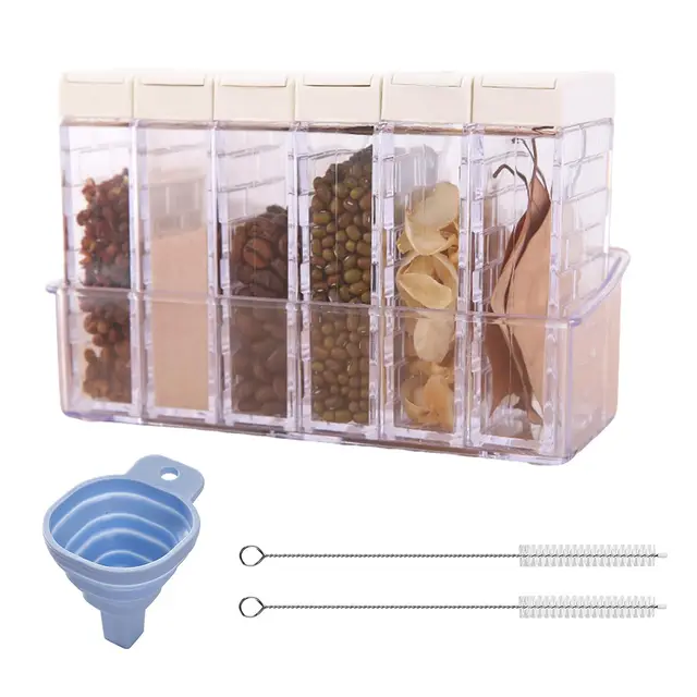 6er Set Transparente Gewürzbox mit Tablett – Kunststoff Aufbewahrungsbox für Salz, Pfeffer & Gewürze | Camping Gewürzdosen Set, praktisch für Küche, Wohnmobil & Campingurlaub | Inkl. Trichter & Bürste