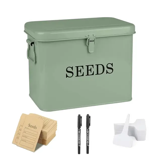 Saatgut Aufbewahrungsbox aus Metall mit Deckel und Griff, stabile Saatgut Box mit 3 Fächern für übersichtliche Samen Aufbewahrung, inklusive 2 Stiften, 20 Pflanzetiketten und 50 Umschlägen in Grün