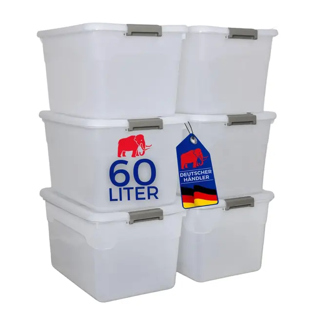 PROREGAL Aufbewahrungsbox mit Deckel 60L im 6er Set, Extra Groß, Rollen, Plastikbox transparent stapelbar, Kunststoffbox Verschlussclips, Stapelbox Kunststoff, Aufbewahrungsbehälter für Küche Haushalt