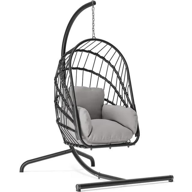 YITAHOME Hängesessel mit Ständer, Rattan-Korb Schaukelstuhl mit strapazierfähiger Polsterung, 160 kg Tragfähigkeit, Klappbarer Hänge-Korbstuhl für Terrasse, Garten, Schlafzimmer, Balkon (Grau)