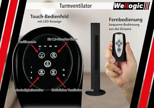 Turmventilator leise 91 cm Schwarz – Standventilator mit Fernbedienung, Timer 7,5h, 3 Geschwindigkeitsstufen, Touch Display – leistungsstarker Ventilator für Schlafzimmer, Büro & Wohnzimmer