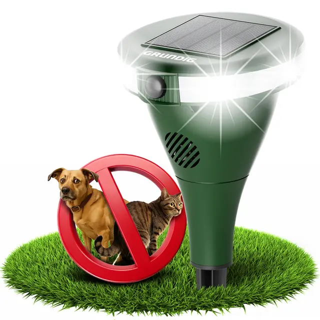 GRUNDIG perfekte Ultraschall Abwehr gegen Katzen und Hunde im Garten - 360 Grad Katzenschreck Hundeschreck Bewegungsmelder mit 8 Blitzlichtern, 2 Frequenzbändern, Solar, Akku, IP44 wasserdicht (Gerät)