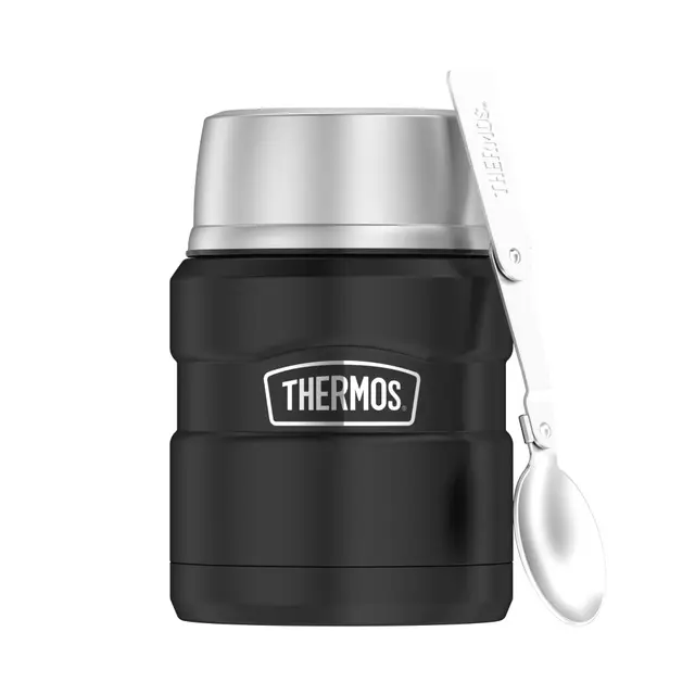 Thermos STAINLESS KING Thermobehälter für Essen schwarz matt 0,47l - Edelstahl, absolut dicht, hält Speisen 9h heiß & 14h kalt, mit klappbarem Löffel, BPA-frei