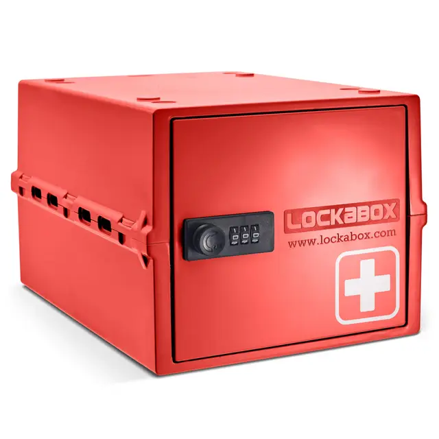 Lockabox One™ | Premium abschließbare Medikamentenbox | Mittelgroße, leichte & hygienische Medikamentenbox mit Schloss | Außenmaße 31 x 21 x 17 cm (Medi Rot)