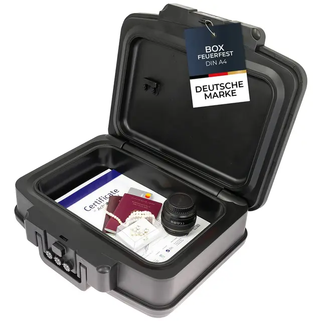 HMF 250437 Feuerfeste Wasserdichte Dokumentenbox mit Zahlenschloss | DIN A4 | 44,5 x 16,5 x 33 cm | Schwarz