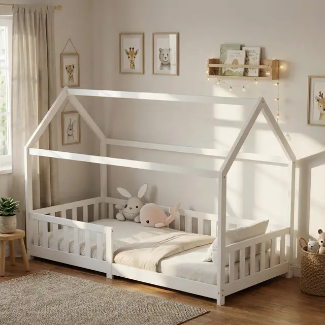 ecomi® Kinderbett 80x160 Bodenbett Kinder Bett Hausbett mit Rausfallschutz und Lattenrost für Kinder Kinderbetten für Mädchen und Jungen Massivholz Kiefer in Weiß