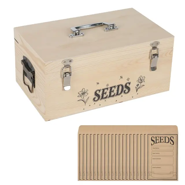 Saatgut Aufbewahrung Box, Samen Aufbewahrung Organizer aus Holz mit Sicherheitsschloss, Saatgut Aufbewahrungs Organizer mit farbigen Registerkarten und 60 Samenumschlägen