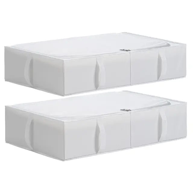 TYEERS Unterbett Aufbewahrungsbox mit Deckel, Strapazierfähiger Stoff, Waschbar, Zusammenklappbar, Boxen Aufbewahrung für Kleidung, Decken, Bettwäsche, Schuhe, 70x42x18 cm, 2er-Pack, Weiß