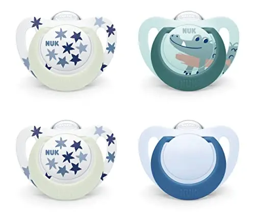 NUK Star Day & Night Babyschnuller | 6-18 Monate | Beruhigt 99 % der Babys | BPA-freie Silikonschnuller | Mit Leuchteffekt für einfaches Finden im Dunkeln | Krokodil | 4 Stück