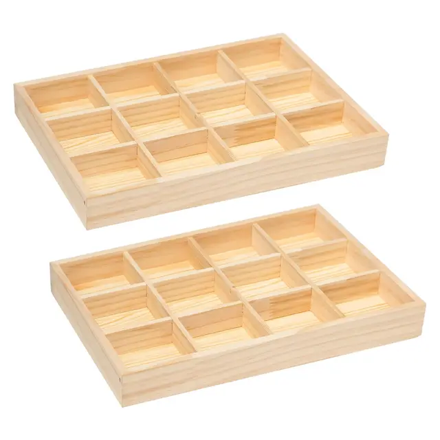 2 Stück Aufbewahrungsbox Holz mit 12 Fächern 30x20x3.5cm Unvollendete Setzkasten Holz Kleine Holzkiste mit Fächern für Kleinigkeiten Schmuck und Sammlerstücke