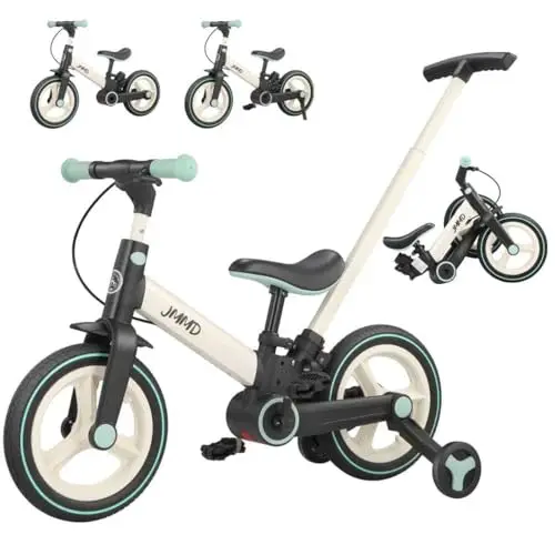 JMMD 6-in-1 Kinderfahrrad mit Stützrädern und Pedalen, Alter 18 Monate-5 Jahre, 12 Zoll Konvertierbares und Faltbares Laufrad & Fahrrad mit Verstellbarem Elternschiebegriff, Ständer, Bremsen