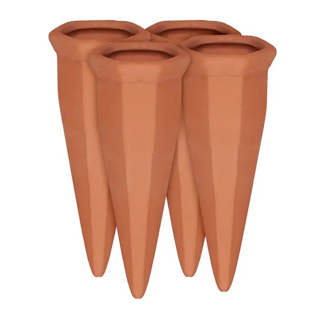 Relaxdays Tonkegel Bewässerung 4er Set, Pflanzen Wasserspender Ton, Wein und PET Flaschen Bewässerungskegel, Terracotta, Orange