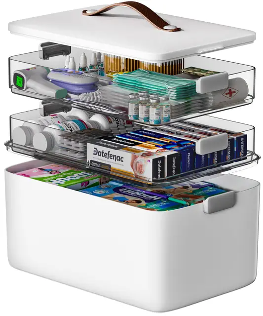 CTIME 3-stöckige Medizinbox - Tragbar mit Lederhenkel, ideal für Haushalt und Reisen
