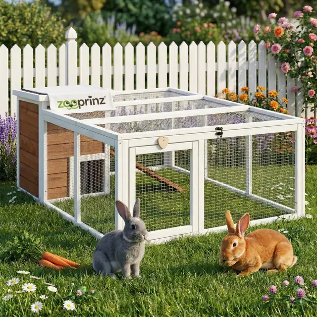 zooprinz brandneues Freilaufgehege mit Stall für draußen – ideal für Kleintiere – Besonders Stabiler und großer Holzrahmen mit Kaninchenstall – Freilauf mit natürlicher Farbe lasiert – Hasenstall (L)