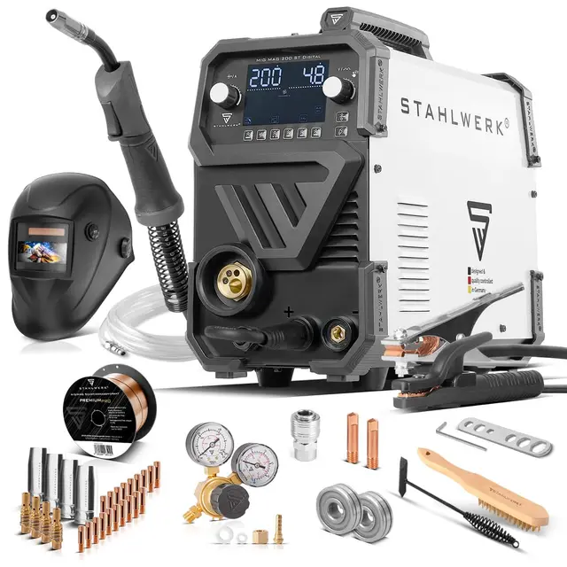 STAHLWERK Schutzgasschweißgerät MIG/MAG 200 ST Digital – Vollausstattung – Inverter mit 200A, MMA (E-Hand/ARC) FLUX (Fülldraht), Schweißen ohne Gas möglich, Spot-Funktion, synergischer Drahtvorschub