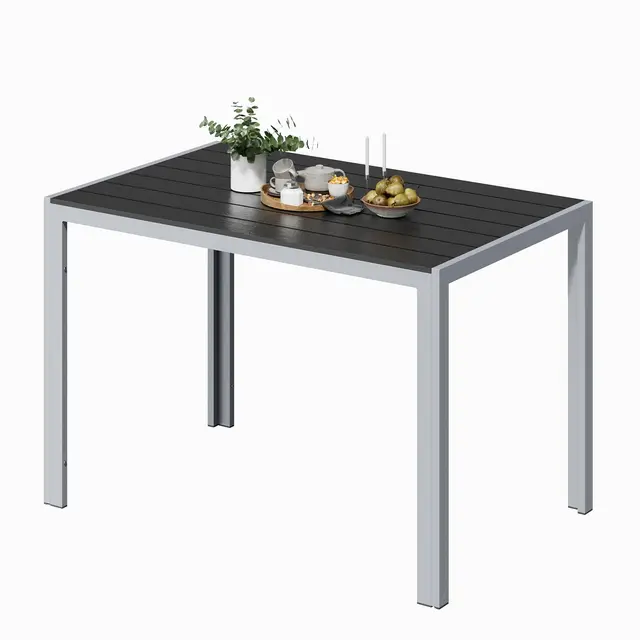 UDPATIO Gartentisch Wetterfest mit Aluminiumrahmen, 110 x 70 x 74 cm Outdoor WPC Tisch Holzmaserung-Finish, Balkontisch für 4-6 Personen,Garten,Terrasse, Dunkelgrau+Silber