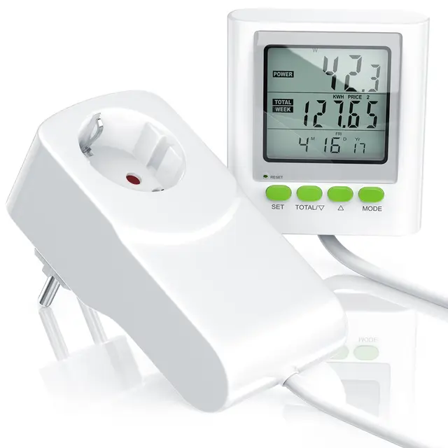 CSL-Computer Stromkostenmessgerät mit Kabelverlängerung und Stromkostenmonitor, Datum, Uhrzeit, Kosten, CO2-Einstellungen, 3680 W