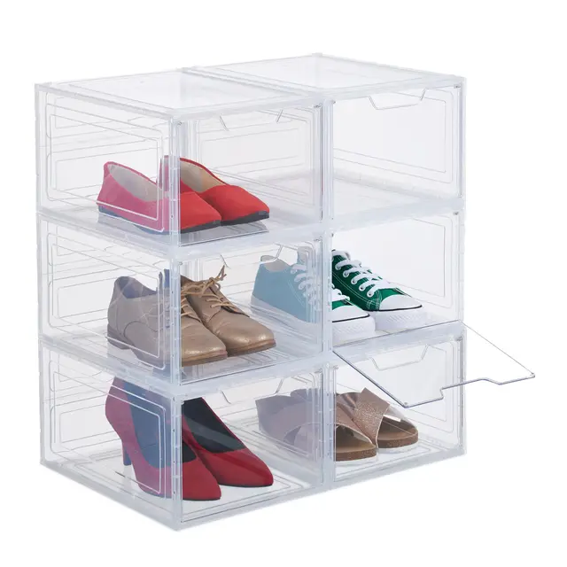 Relaxdays Schuhboxen 6er Set, mit Tür, Schuhorganizer, stapelbar, für Schuhe bis Größe 50, Sneaker Boxen, transparent