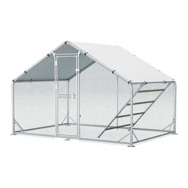 Sannwsg Großer begehbarer Hühnerstall aus Metall 3x2x2m mit PE-Dachabdeckung, wetterfestes Freilaufgehege mit 6 m² Spitzdach für Garten, für 6–10 Hühner inkl. Zubehör und Sitzleiter