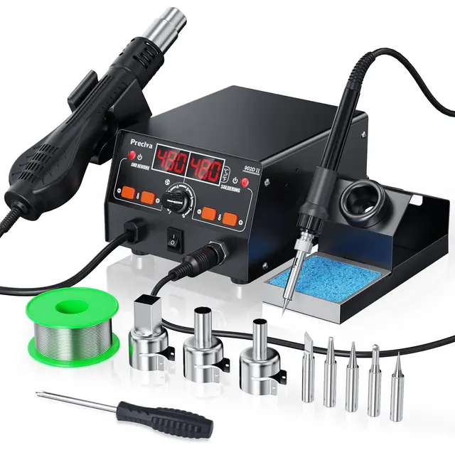 Preciva Lötstation 750W Heißluftlötstation Set 200-480°C mit dualem LED-Display, turbogeblasenem Lüfter & PID-SMT-Technologie für präzise Temperaturregelung und Energiesparmodus.