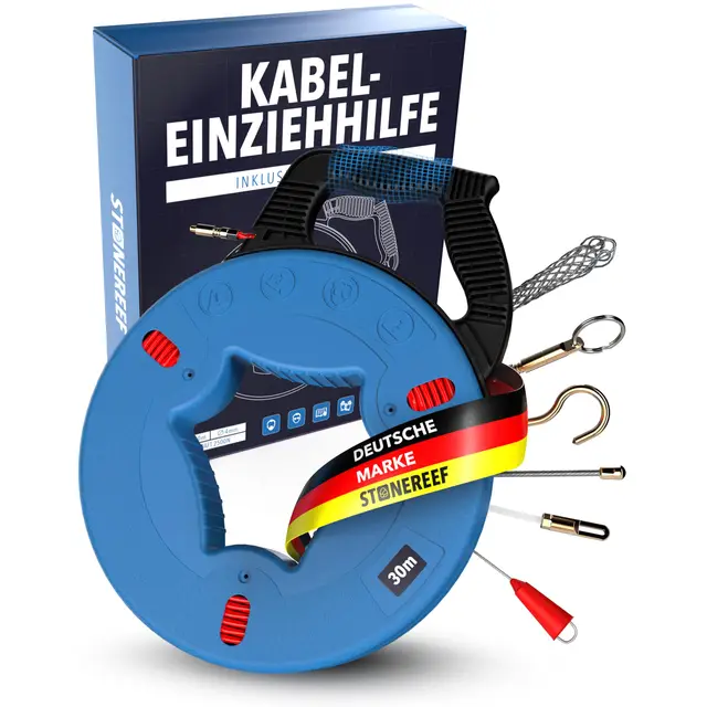 Einziehspirale 30 m – Fiberglas Kabeleinziehhilfe mit Kupferkopf & 5 Zubehörteilen – Kabel Einzugshilfe für Leerrohr, Elektro & Glasfaser – Zugdraht Orange, Griff Schwarz (30)