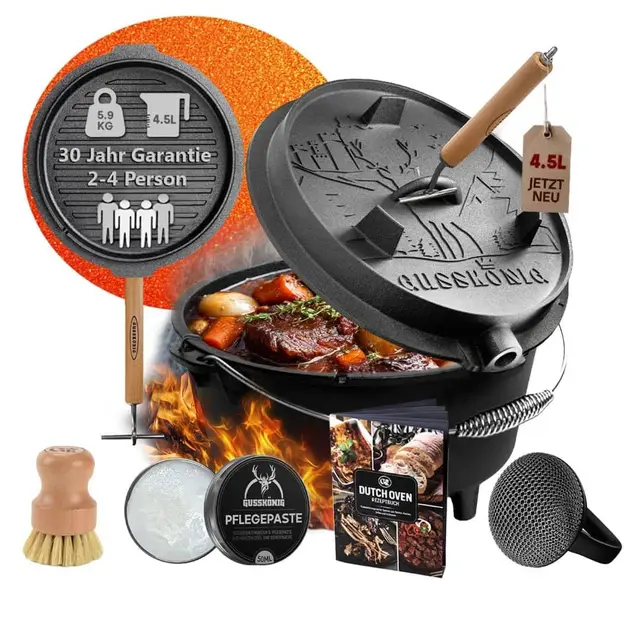 GUSSKÖNIG Dutch Oven Set – Eingebrannter Dutch Oven 4,5L - Feuertopf Gusseisen mit Füße – Schmortopf Doppelfunktion – 2in1 Deckelheber, Schrubber, Pflegepaste, Bürste & Rezeptbuch - 30 Jahre Garantie