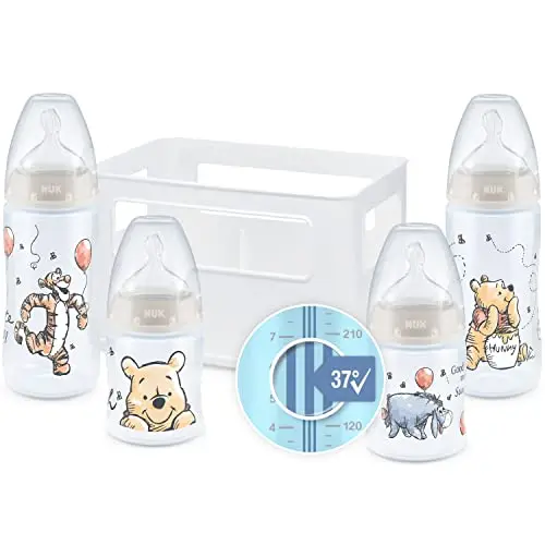 NUK First Choice+ Babyflaschen Starter Set | 0–6 Monate | 4 Flaschen mit Temperature Control & Flaschenbox | Anti-Colic Air System | BPA-frei | Disney Winnie Puuh