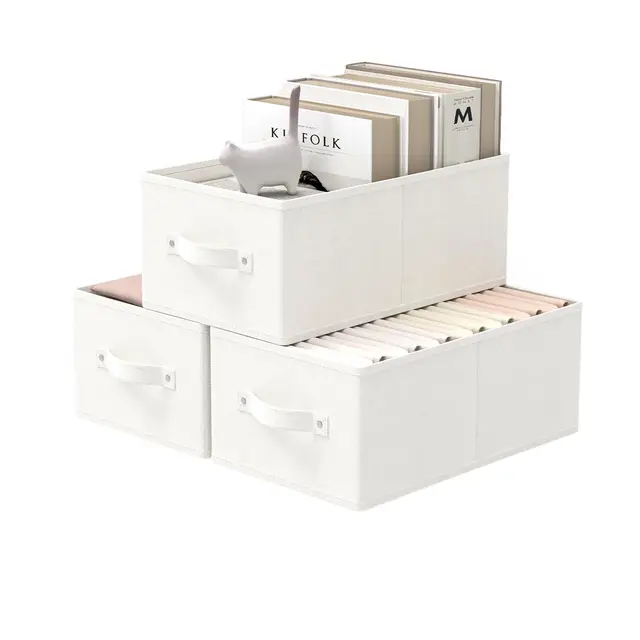 Aufbewahrungsbox, 3er Set Zusammenklappbar Stoffboxen, Aufbewahrungskorb mit 2 Griff, Oxford-Gewebe, pflegeleicht, Aufbewahrung Korb Stoff für Regal, 33 x 23 x 14 cm, Weiß, XSNY11WS-3