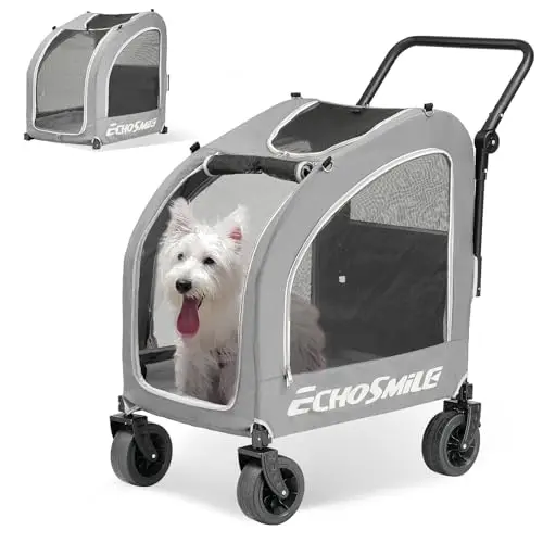 EchoSmile Hundewagen für Kleine und Mittelgroße Hunde bis 20kg, Geländegängige Faltbar Hundebuggy mit Doppelbremsen, Sicherheitsgurte im Auto & Netzfenstern, Grau