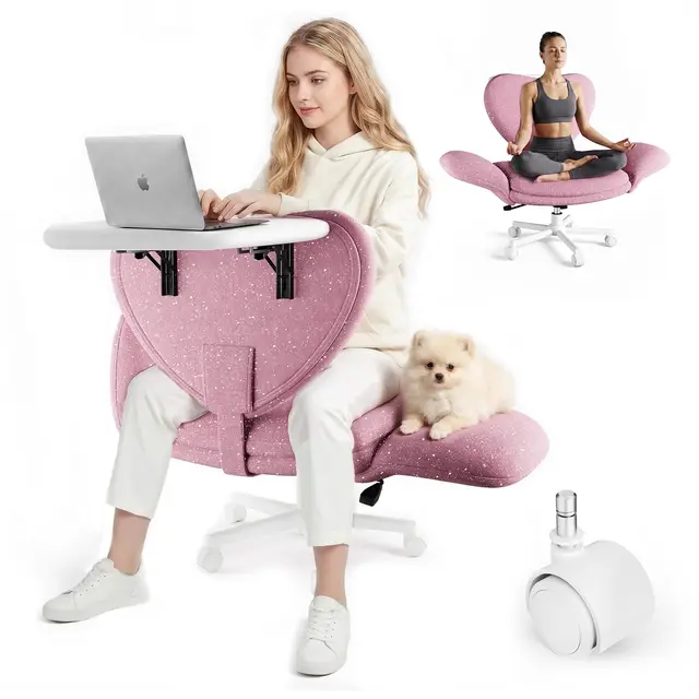 HOMRELEXA Bürostuhl mit Klappbarer Tischplatte, Breiter Schneidersitz Stuhl mit Klappbaren Armlehnen, Höhenverstellbarer Schreibtischstuhl aus Chenille-Stoff für Homeoffice und Wohnzimmer, Rosa