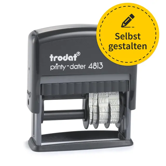 Trodat Printy Dater 4813 Datumstempel personalisierbare Textplatte, mit Text und Datumrolle Verstellbares Datum bis 31. DEZ. 2036 (26 x 9 mm | 2 Zeilen)
