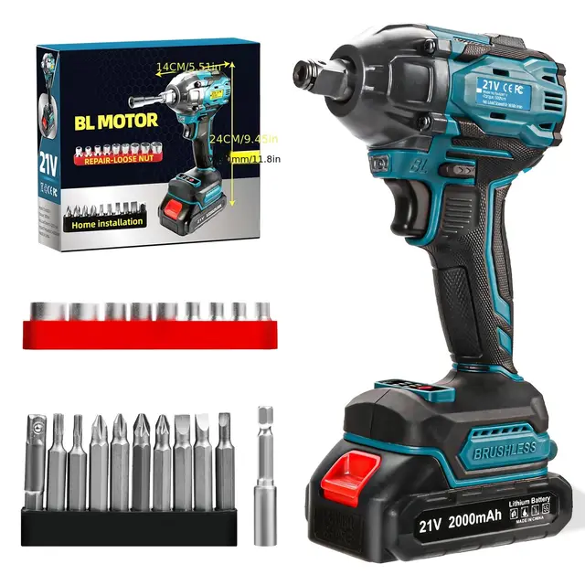 300N.m Schnurloser Schlagschlüssel, 21V Drehmoment Power Impact Treiber, 1/2" bürstenlose Schlagpistole mit (Ein 2.0Ah Batterie), 19 Zubehör, elektrischer Schlagmotor variable Drehzahlen