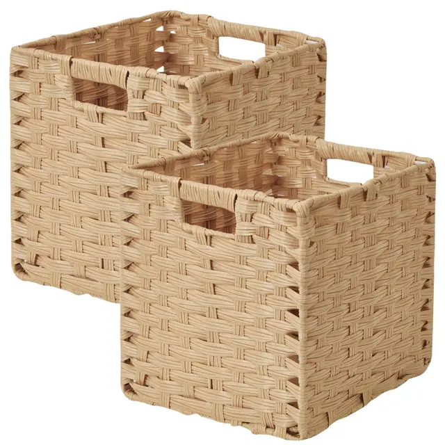 Sagittar Faltbarer Korb Geflochten aus Rattan-Imitat, 25x25x25cm Aufbewahrungskorb für Vorratskammer, Schrank, Regalkorb Würfel, Wasserdicht, Nicht Schimmelig, 2 Stück, Natürliche Farbe