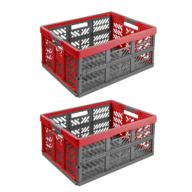 2X Stabile Profi Klappbox 45L - 54 x 37 x 28 cm - Einkaufskiste klappbar mit Soft-griffe - Transportkiste stapelbar Rot/Anthrazit