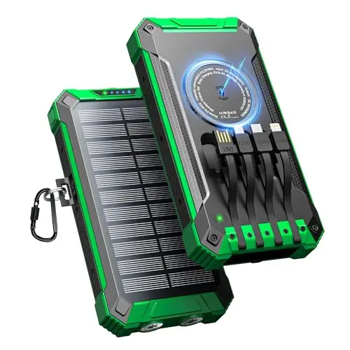 Solar Powerbank 26800mAh mit Integrierten 4 Kabeln, Wireless Power Bank USB-C Ausgang/Eingang 15W Schnellladung für Handy, Solar Ladegerät Externer Akku für Camping und Outdoor