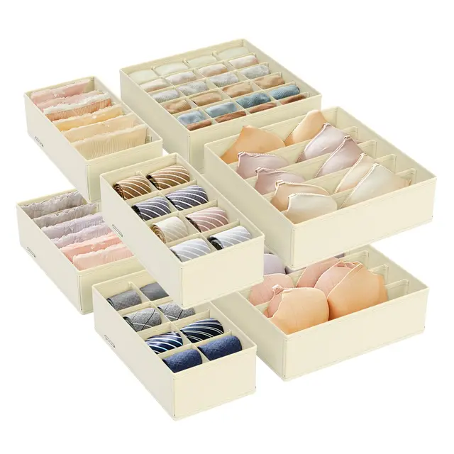SONGMICS Unterwäsche-Organizer 8er Set, Schubladen-Organizer faltbar, Ordnungssystem Kleiderschrank, Aufbewahrungsbox Schrank, Stoffboxen Aufbewahrung, für BHs Socken Krawatten, beige RUS008M01