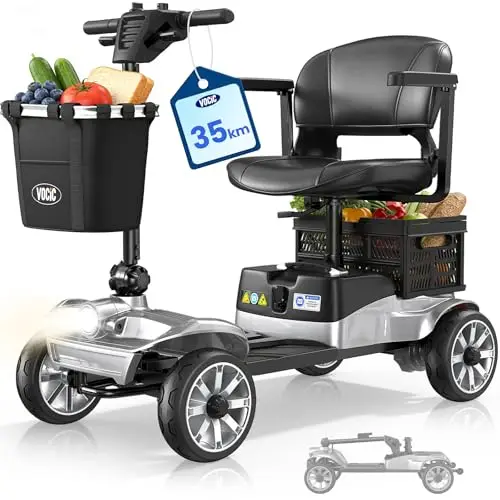 VOCIC D35 Seniorenmobil klappbar 35KM, 40L Doppelten Korb Elektromobil für Senioren bis 136KG, mit 20CM großen Rädern, 40L Doppelten Korb ergonomischer verstellbarer Sitz abnehmbarer Akku, Grau Silber