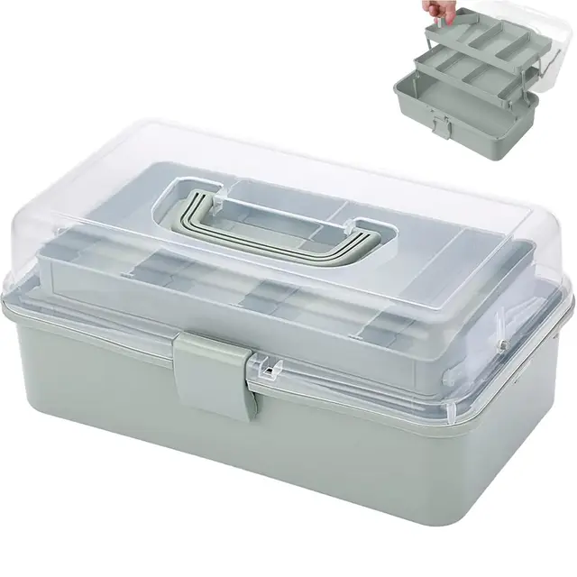 Kongming 32cm Bastelkoffer Kinder, 3 Regal Mehrzweck Aufbewahrungsbox mit Deckel, Bastelbox Kunststoff Sortierboxen für Kleinteile, Organizer Box, Nähkasten, Medizinkoffer, Toolbox, Angelkoffer (Grün)