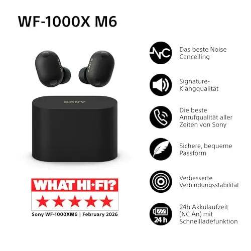 Sony WF-1000XM6 Flagship kabellose Noise Cancelling-Kopfhörer, Bluetooth, In-Ear-Kopfhörer, Sony Hi-Res-Sound, klare Anrufe, 10-Band-EQ, 24 Std.-Akkulaufzeit (NC An), IPX4 – Schwarz