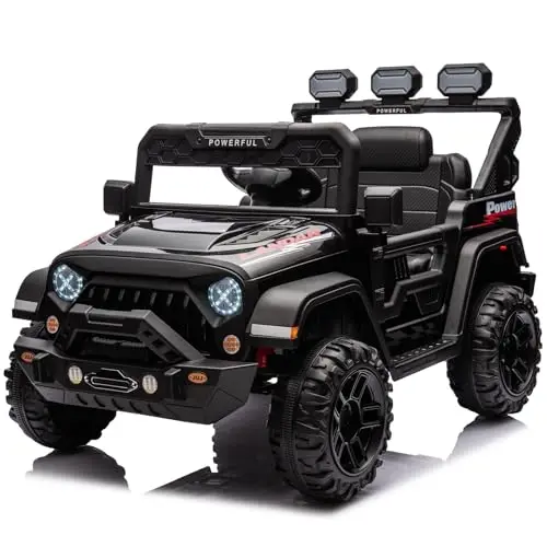 Kinder Elektroauto mit Verbesserter Akku 12V 7AH, Elektrofahrzeuge 3-Gang - 2 Betriebsmodi mit 2,4G-Fernbedienung, LED-Lichter, Bluetooth, Sicherheitsgurten für Kinder von 1-8 Jahren (Schwarz)