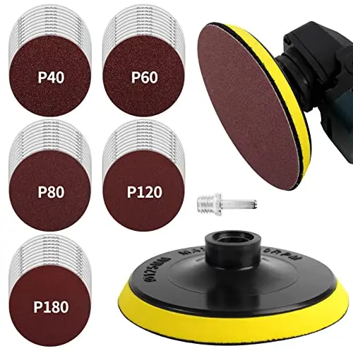 Pomsare Schleifscheiben Pad Kit Schleifteller 125mm Klett,50 Stück schleifpapier mit M14 Schleifpad und Schaft für Winkelschleifer Bohrschleifer, Körnung 10x 40/60/80/120/180 für Holz Metall