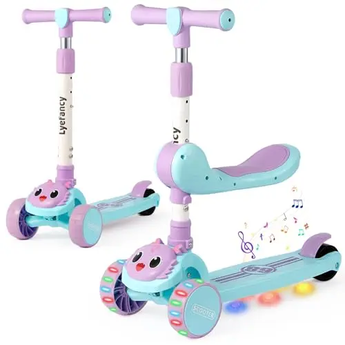 3-Rad-Roller für Kinder im Alter von 2–8 Jahren, 2-in-1-Kinderroller mit abnehmbarem Sitz, Klapproller mit Musik und leuchtenden Rädern, höhenverstellbar, durch Gewichtsverlagerung lenkbar