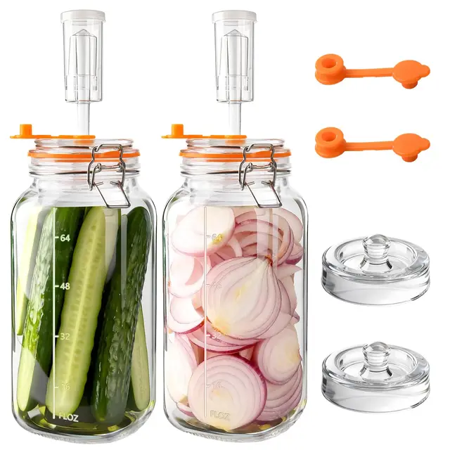 YBCPACK Fermentiergläser 2L mit Gärventil & Glasgewicht – großes Einmachglas/Fermentationsglas Starter Set zum Fermentieren für Sauerkraut, Kimchi, Kombucha & Kefir (2er Set)