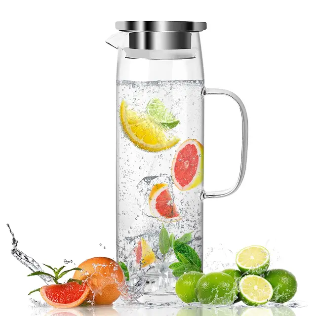 Glaskaraffe mit Deckel 1.5 Liter, Wasserkaraffe aus Borosilikatglas, Wasserkrug Glas Hitzebeständig für kaltes oder heißes Wasser, Glaskanne für DIY Getränke, Saft, Tee, Milch, Glaskrug Karaffe