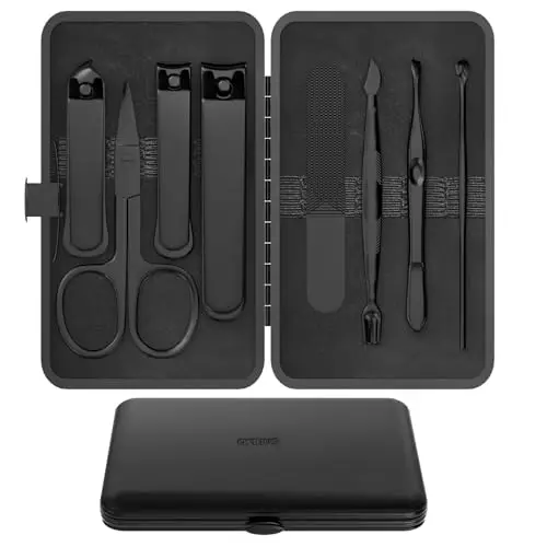 Precision 8 Teiliges Reiseset für Herren Nagelpflege, Maniküreset aus Edelstahl mit Fingernagel- und Fußnagelknipser, Nagelfeile, Pinzette mit schräger Spitze, Nagelhautschere