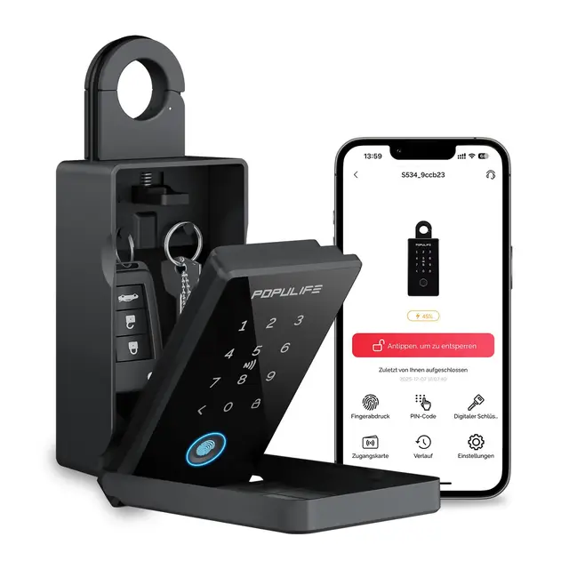 Populife Fingerabdruck-Schlüsselbox für Draußen, Smart Schlüsseltresor mit Zahlencode, Kabelloser Fernzugriff-Schlüsselsafe für Zuhause, Makler und Airbnb, Funktioniert Offline, Wasserdicht